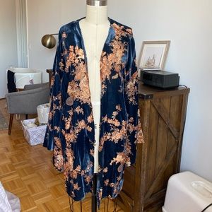 Blue and orange floral velvet kimono jacket